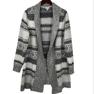 LL Bean White & Grey Knit Nordic Fair Isle Snowflake Pattern Open Cardigan XL